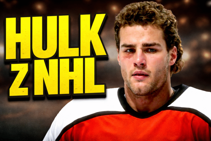 Hokeista w akcji z intensywnym wyrazem